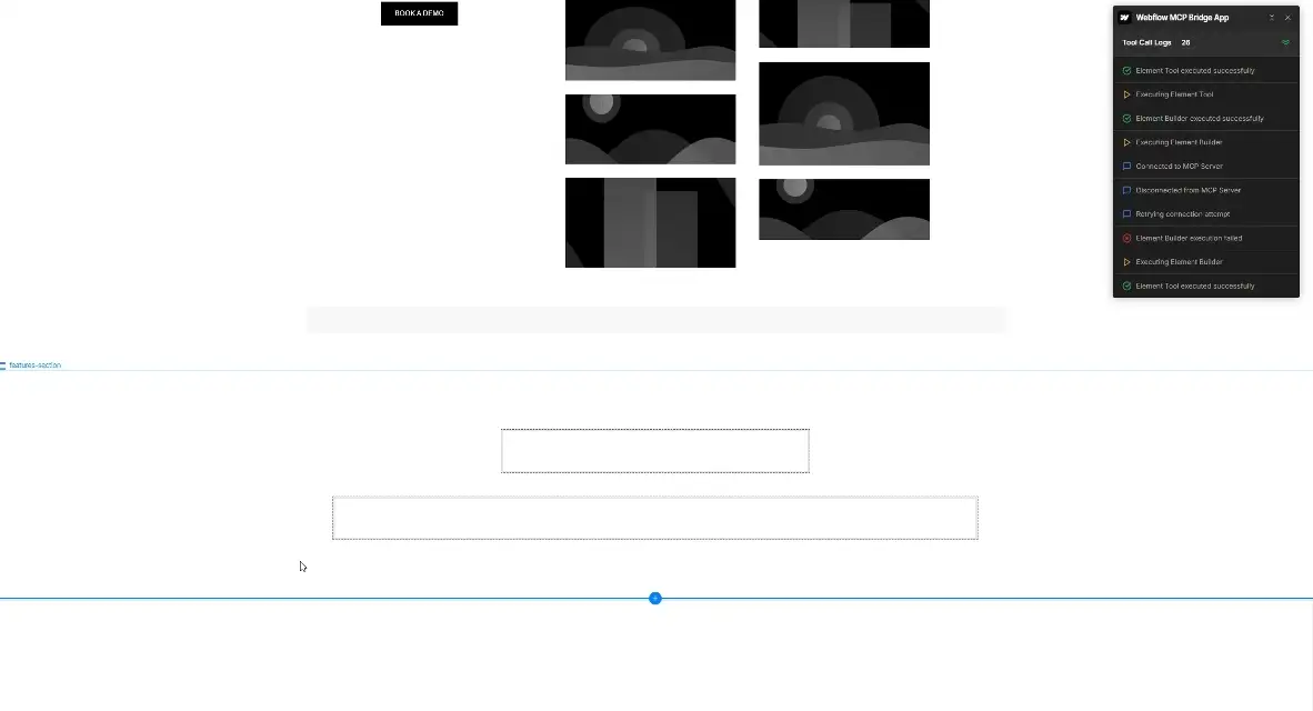 Screen recording of the Figma and Webflow MCP Bridge App automating web component creation from designs, showing tool call logs and element builder execution